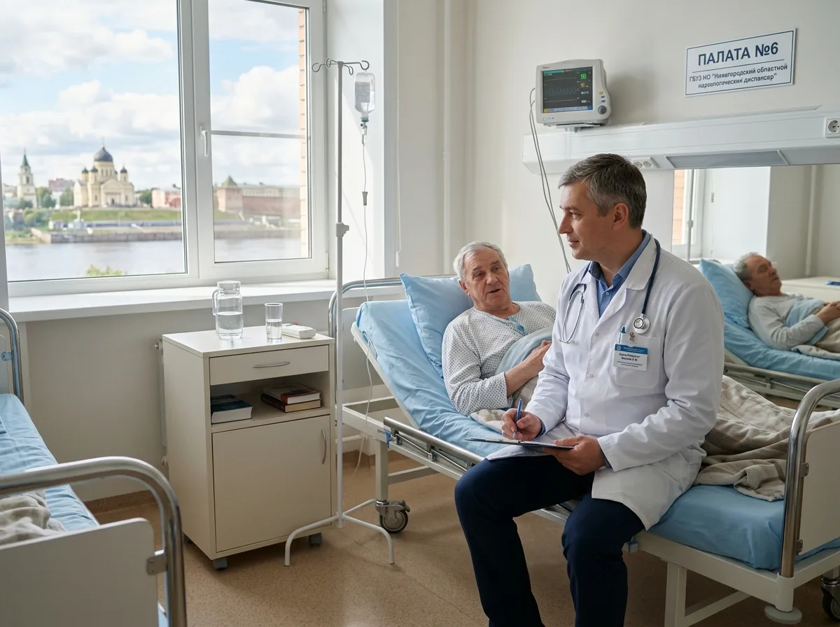 Врач-нарколог в белом халате в стационаре, спокойная обстановка медицинской клиники, Нижний Новгород