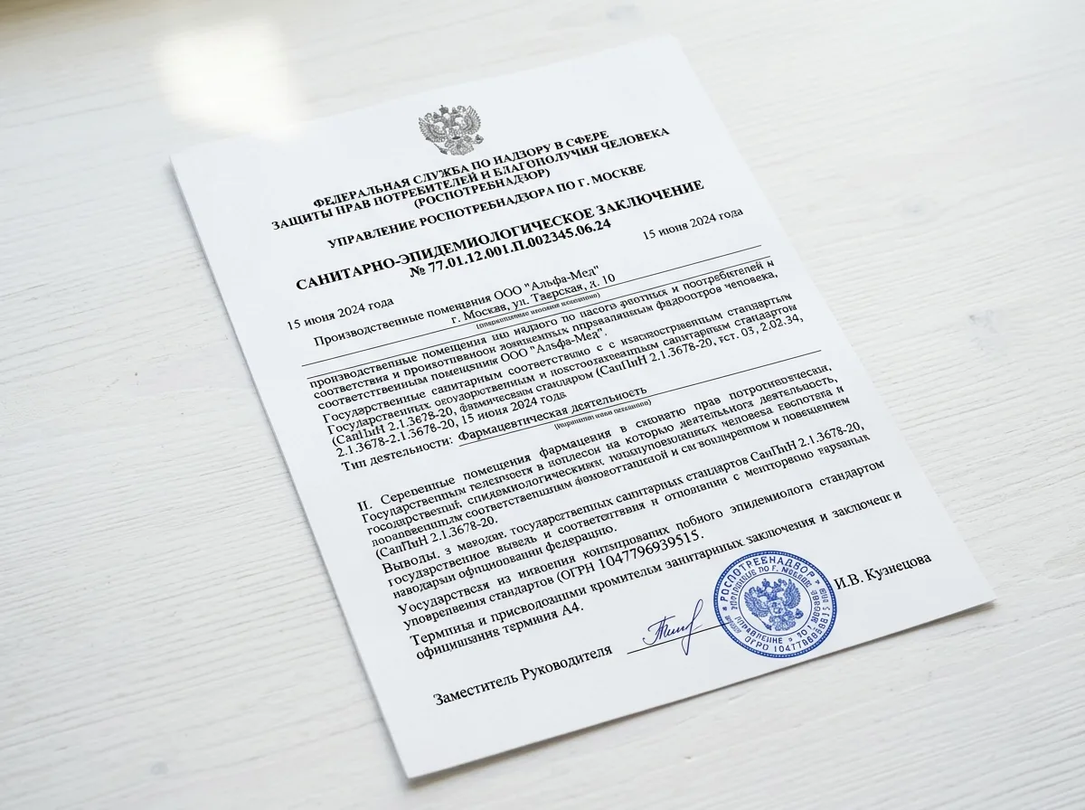 Санитарно-эпидемиологическое заключение, официальный документ Роспотребнадзора с синей печатью, белый фон