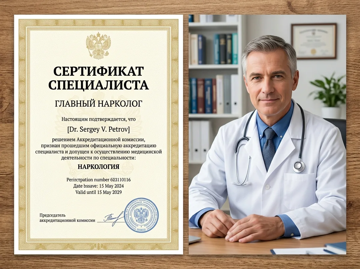 Сертификат специалиста главного врача-нарколога, официальный документ об аккредитации, профессиональный портрет врача